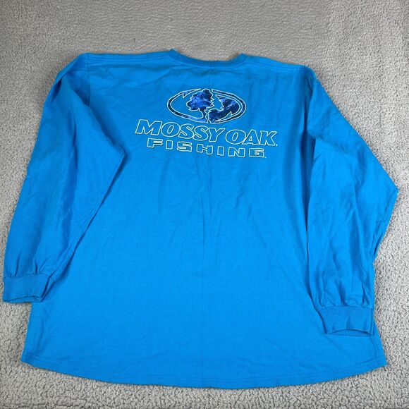 Mossy Oak Fishing Shirt Mens XXL Blue Long Sleeve Cotton Graphic Double Sided - Picture 1 of 9